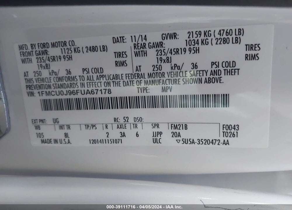 2015 FORD ESCAPE TITANIUM VIN: 1FMCU0J96FUA67178