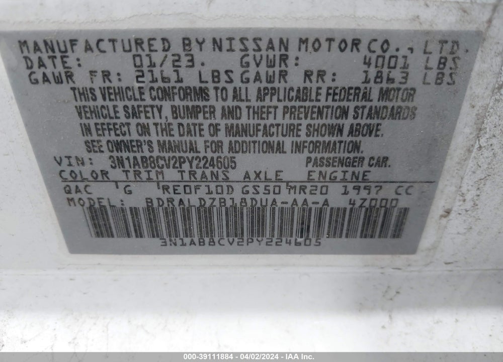 2023 NISSAN SENTRA SV XTRONIC CVT VIN: 3N1AB8CV2PY224605