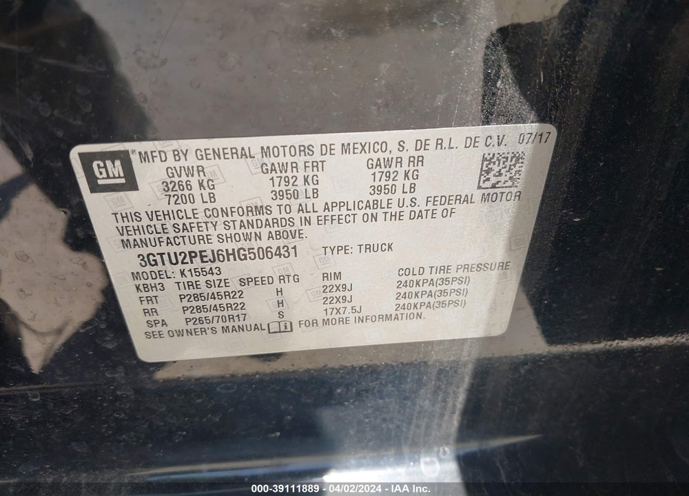 2017 GMC SIERRA 1500 VIN: 3GTU2PEJ6HG506431