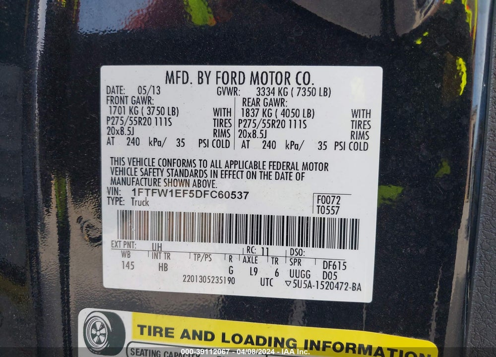 2013 FORD F-150 LARIAT VIN: 1FTFW1EF5DFC60537