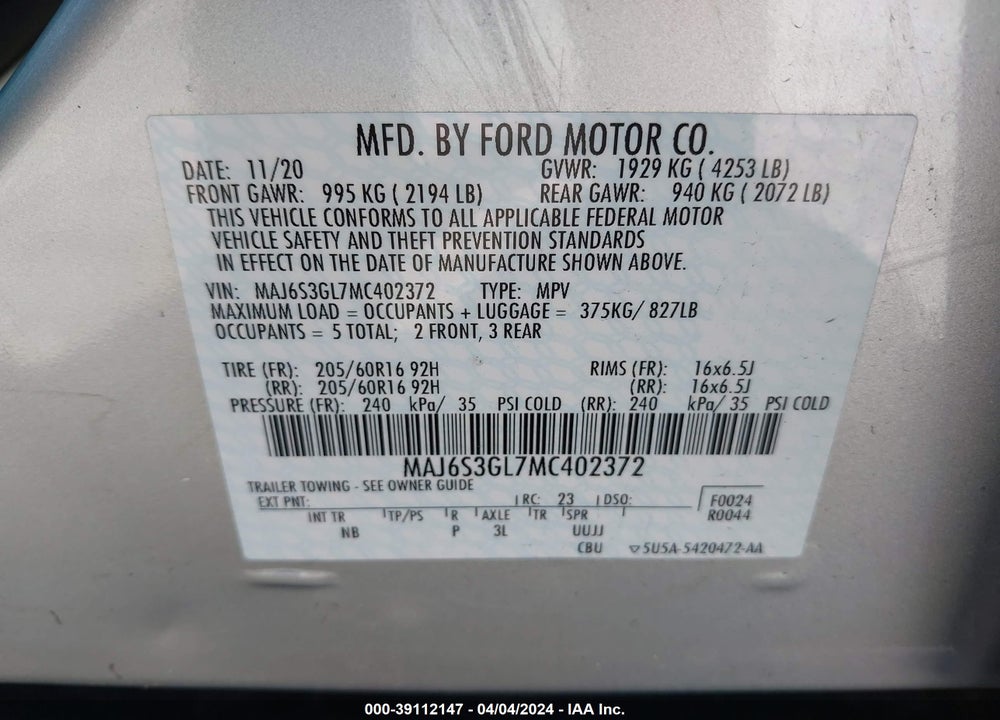 2021 FORD ECOSPORT SE VIN: MAJ6S3GL7MC402372