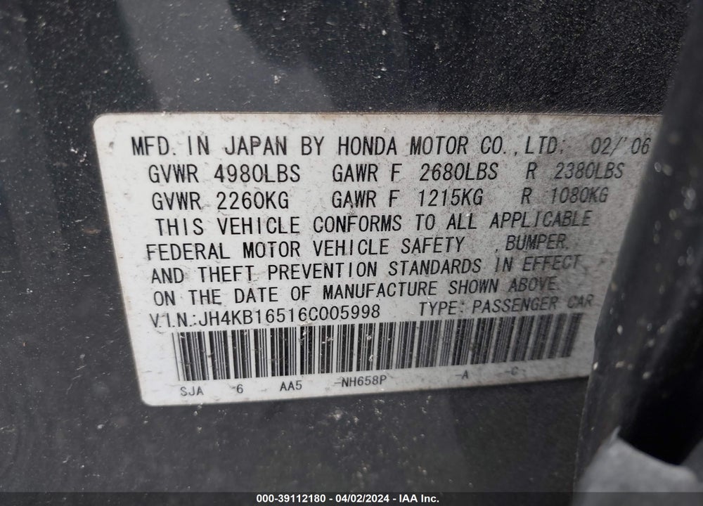 2006 ACURA RL 3.5 VIN: JH4KB16516C005998