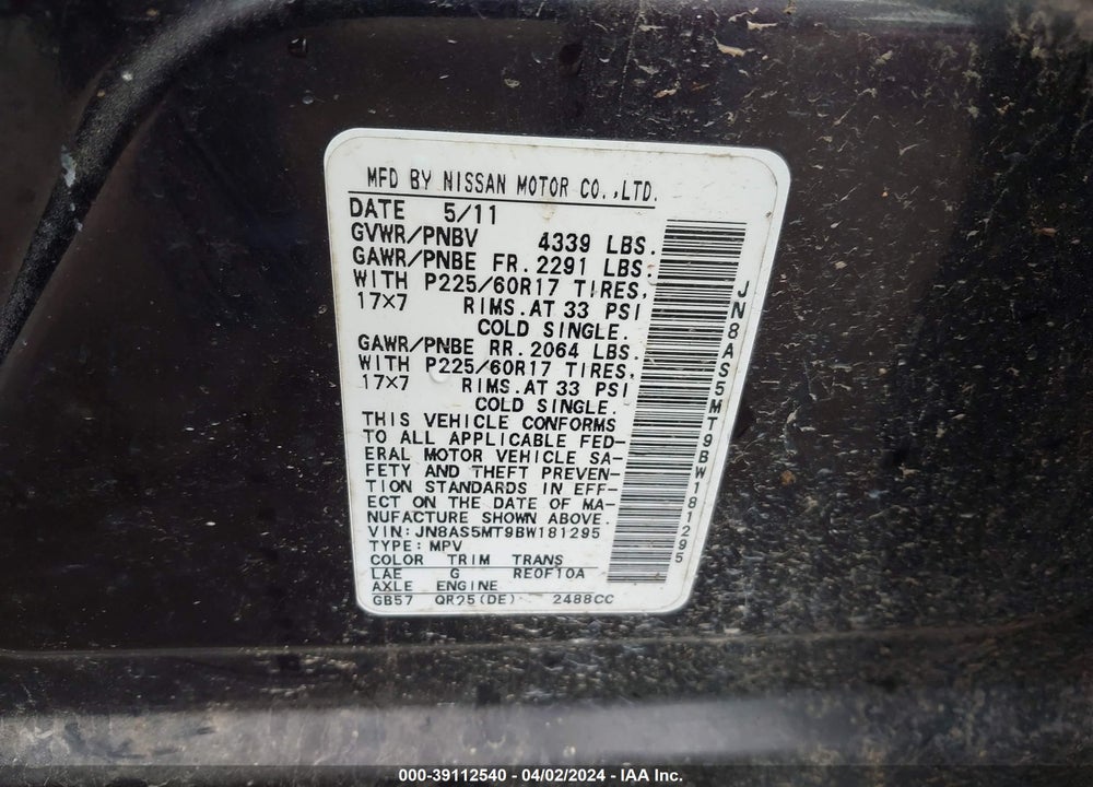 2011 NISSAN ROGUE SV VIN: JN8AS5MT9BW181295
