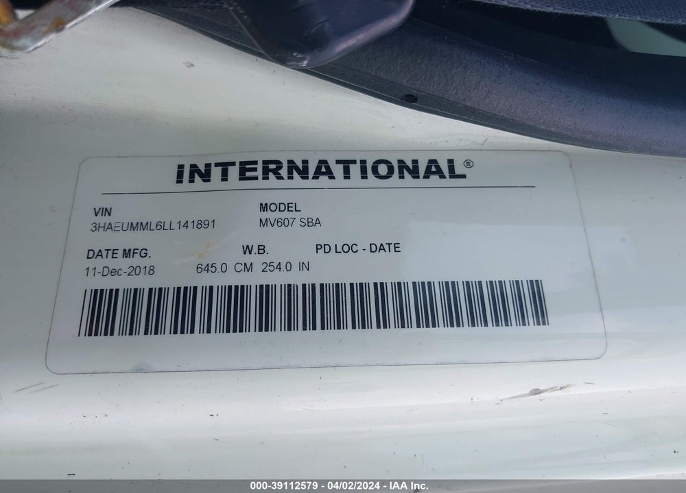 2020 INTERNATIONAL MV VIN: 3HAEUMML6LL141891