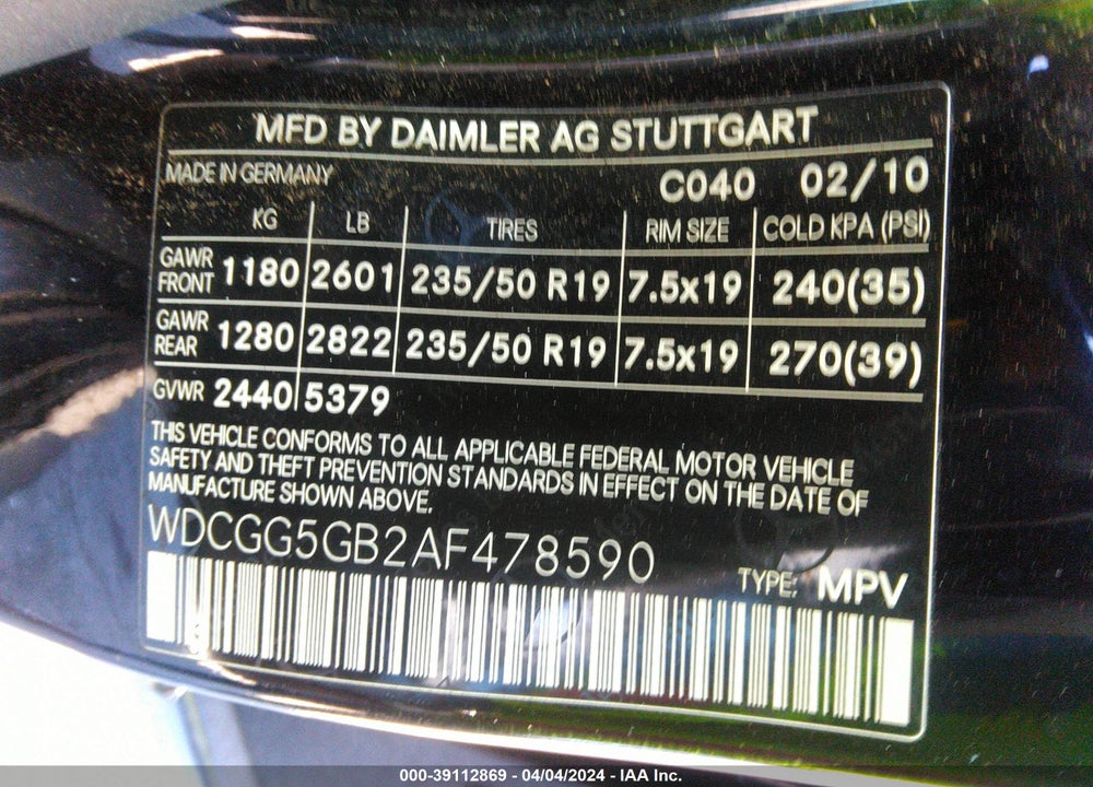 2010 MERCEDES-BENZ GLK 350 VIN: WDCGG5GB2AF478590