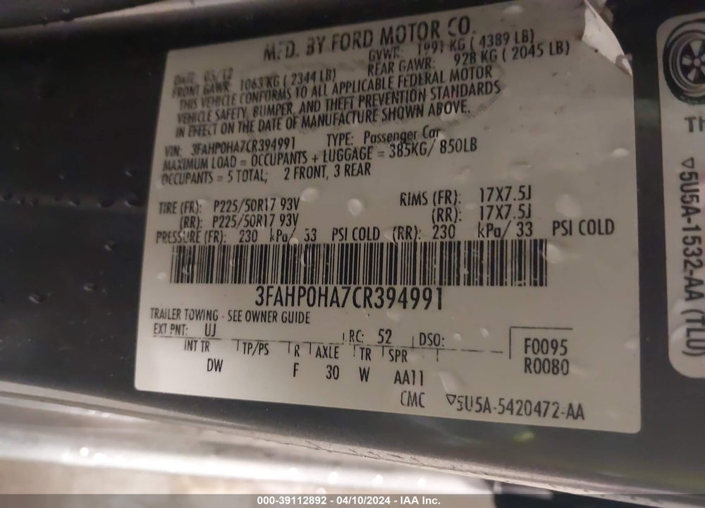 2012 FORD FUSION SE VIN: 3FAHP0HA7CR394991