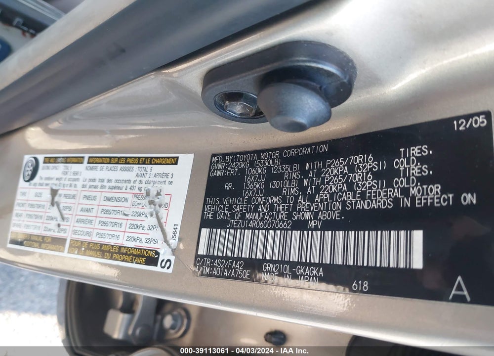2006 TOYOTA 4RUNNER VIN: JTEZU14R060070662