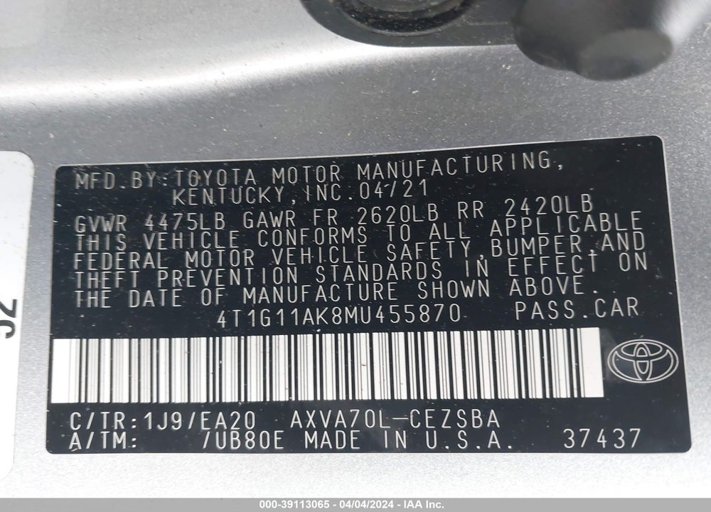 2021 TOYOTA CAMRY SE VIN: 4T1G11AK8MU455870