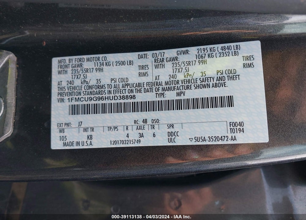 2017 FORD ESCAPE SE VIN: 1FMCU9G96HUD38898