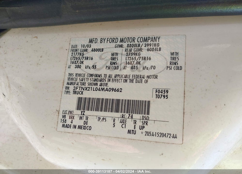 2004 FORD F-250 LARIAT/XL/XLT VIN: 3FTNX21L04MA09662