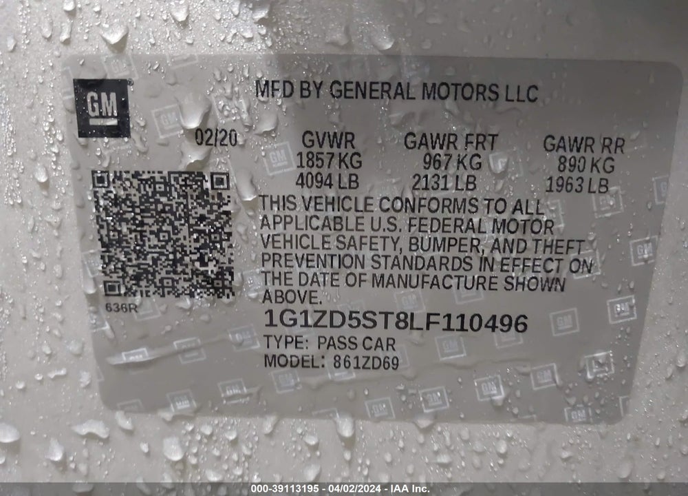 2020 CHEVROLET MALIBU FWD LT VIN: 1G1ZD5ST8LF110496