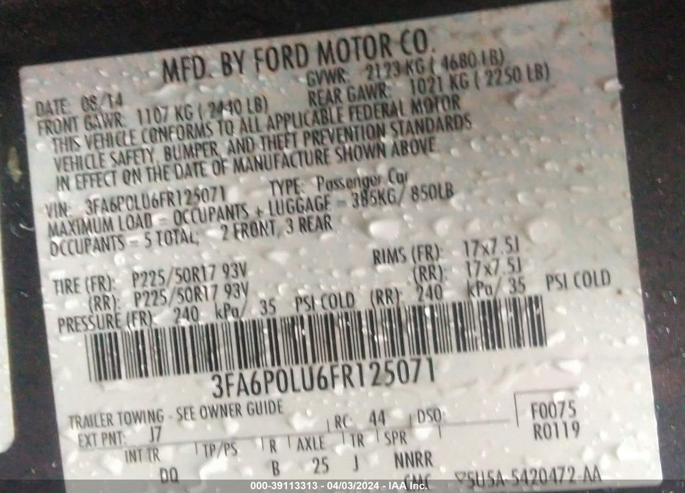 2015 FORD FUSION HYBRID SE VIN: 3FA6P0LU6FR125071