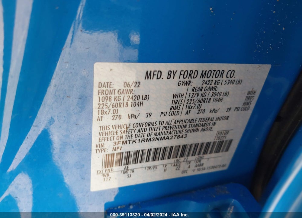 2022 FORD MUSTANG MACH-E SELECT VIN: 3FMTK1RM3NMA27843