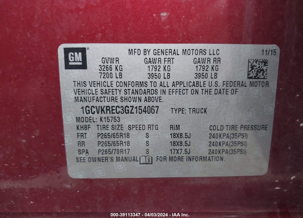 2016 CHEVROLET SILVERADO 1500 2LT VIN: 1GCVKREC3GZ154067
