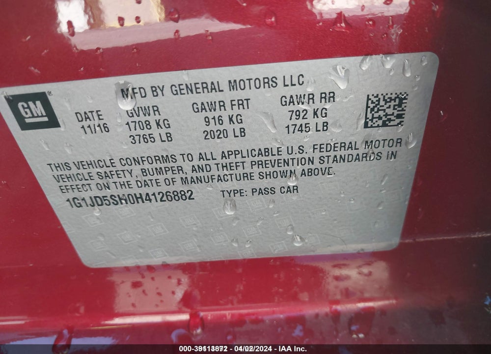 2017 CHEVROLET SONIC VIN: 1G1JD5SH0H4126882