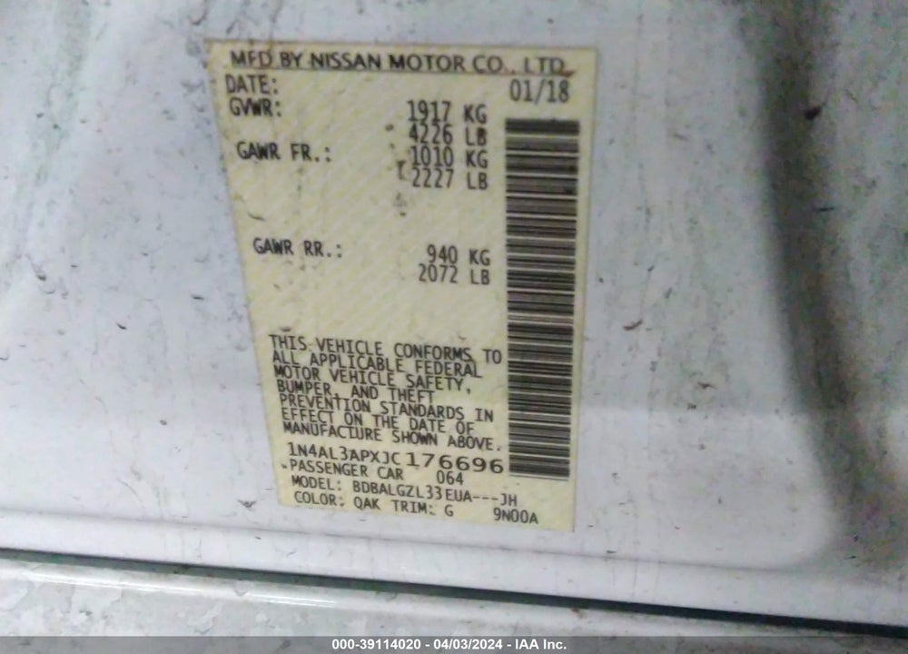 2018 NISSAN ALTIMA 2.5 S VIN: 1N4AL3APXJC176696