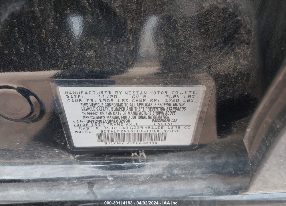 2021 NISSAN VERSA SV XTRONIC CVT VIN: 3N1CN8EV0ML832998