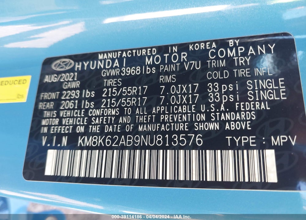 2022 HYUNDAI KONA SEL VIN: KM8K62AB9NU813576