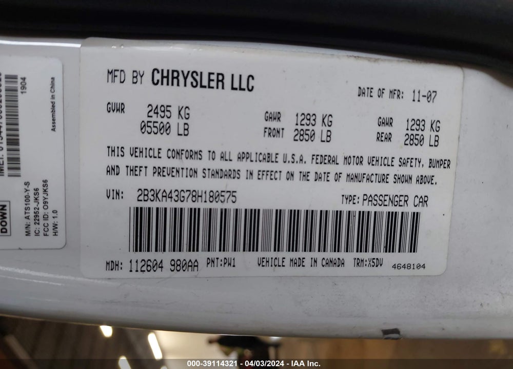 2008 DODGE CHARGER VIN: 2B3KA43G78H180575