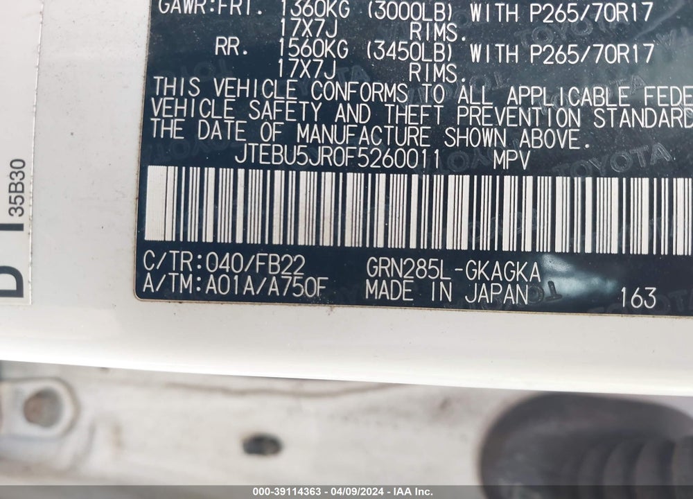 2015 TOYOTA 4RUNNER SR5 VIN: JTEBU5JR0F5260011
