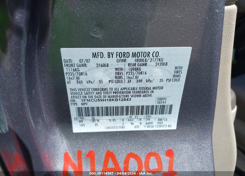 2008 FORD ESCAPE HYBRID VIN: 1FMCU59H18KB12843