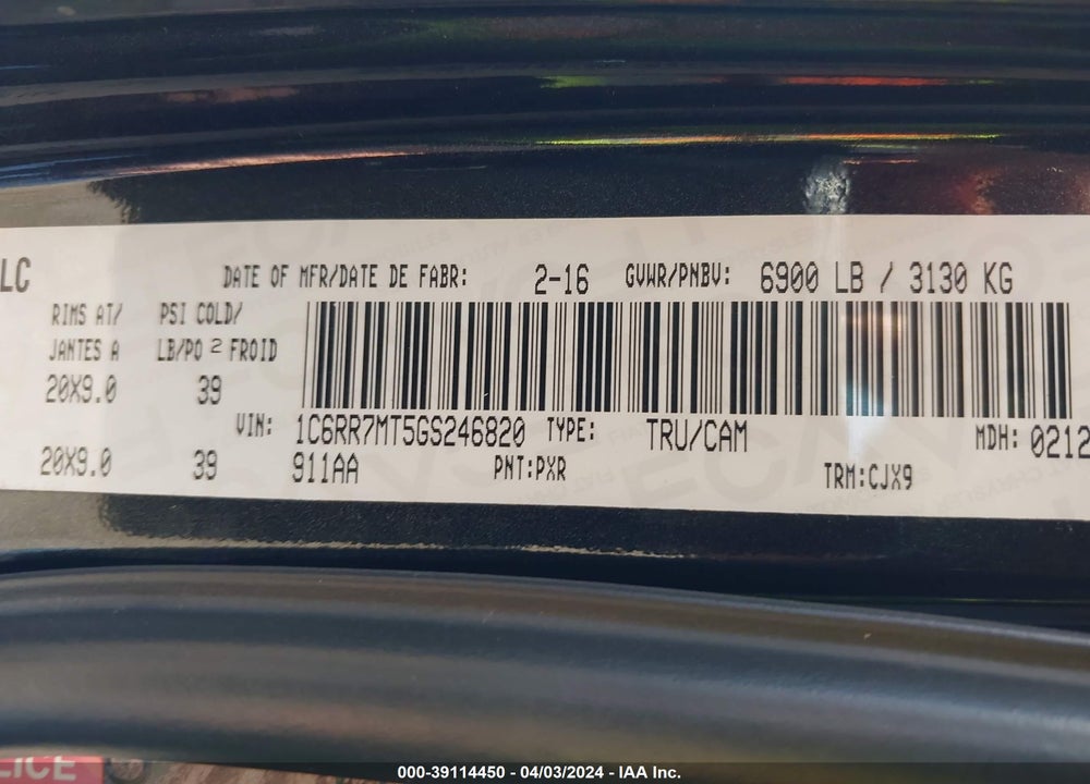 2016 RAM 1500 SPORT VIN: 1C6RR7MT5GS246820