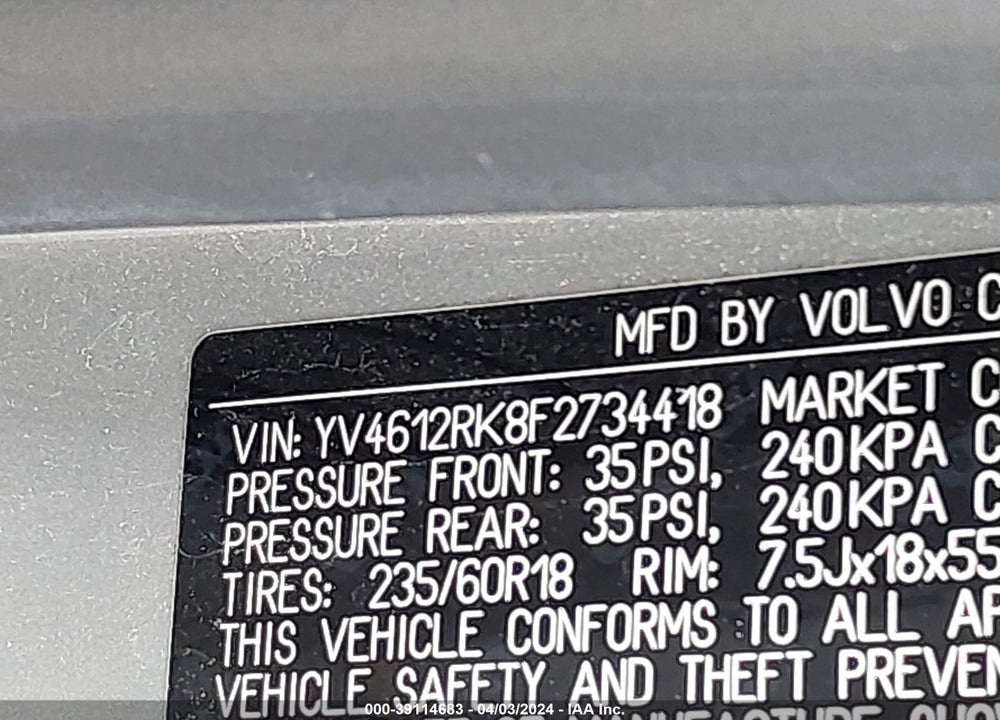 2015 VOLVO XC60 T5/T5 PREMIER VIN: YV4612RK8F2734418