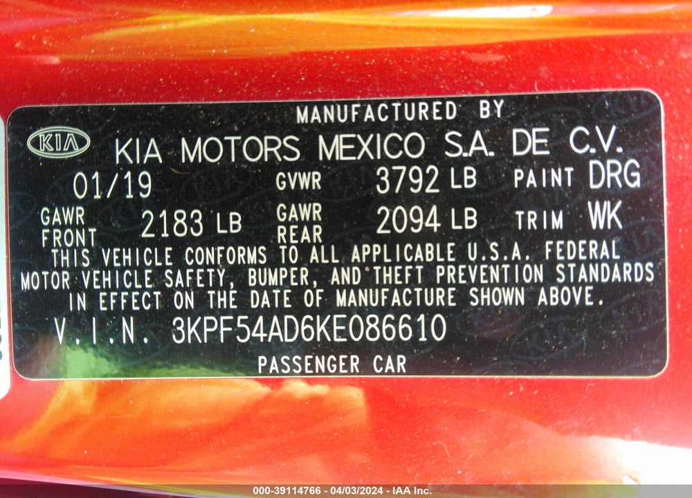 2019 KIA FORTE EX VIN: 3KPF54AD6KE086610