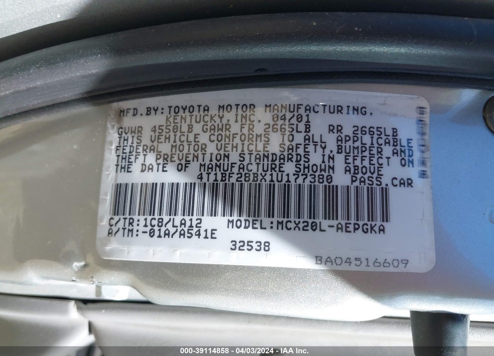 2001 TOYOTA AVALON XLS VIN: 4T1BF28BX1U177380