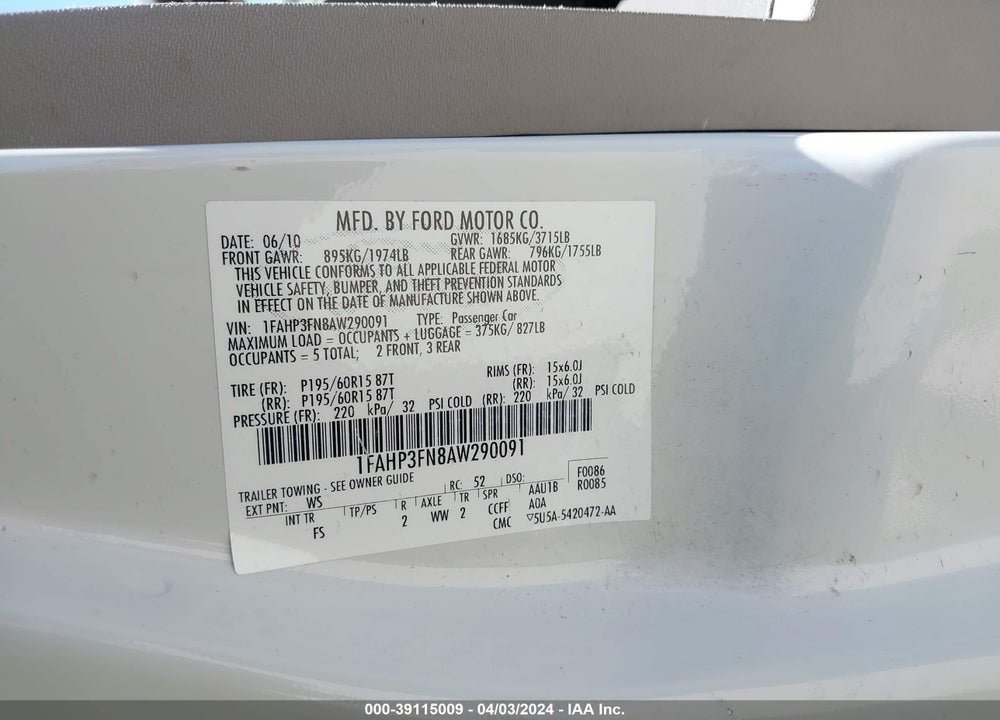 2010 FORD FOCUS SE VIN: 1FAHP3FN8AW290091