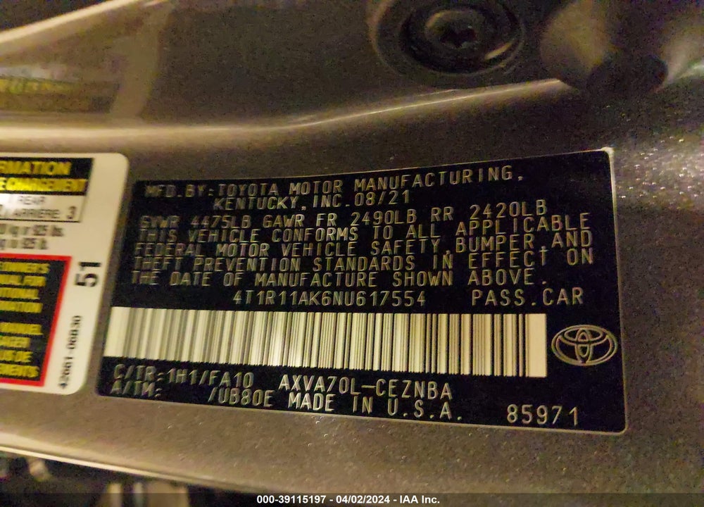 2022 TOYOTA CAMRY LE VIN: 4T1R11AK6NU617554