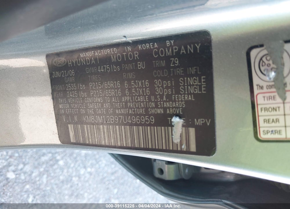 2007 HYUNDAI TUCSON GLS VIN: KM8JM12B97U496959