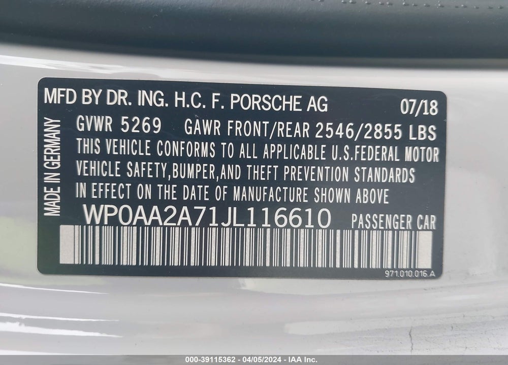 2018 PORSCHE PANAMERA 4 VIN: WP0AA2A71JL116610