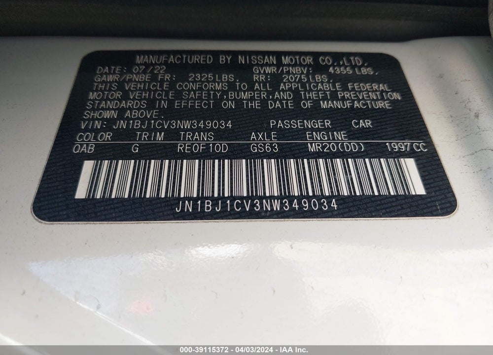 2022 NISSAN ROGUE SPORT SL FWD XTRONIC CVT VIN: JN1BJ1CV3NW349034