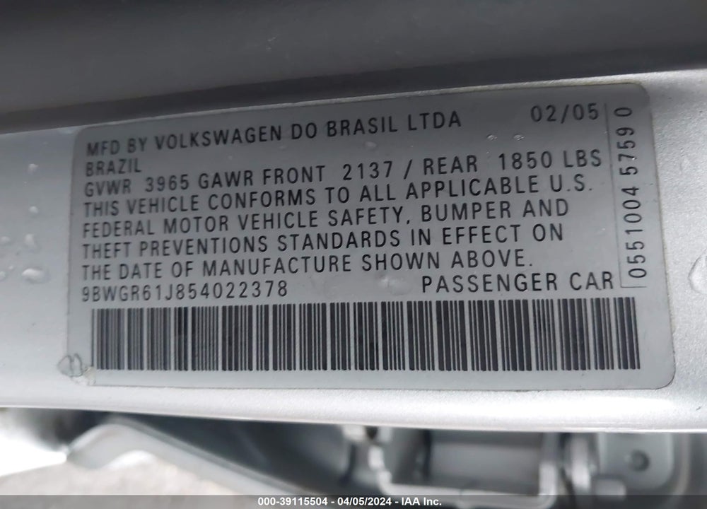 2005 VOLKSWAGEN GOLF GLS TDI VIN: 9BWGR61J854022378