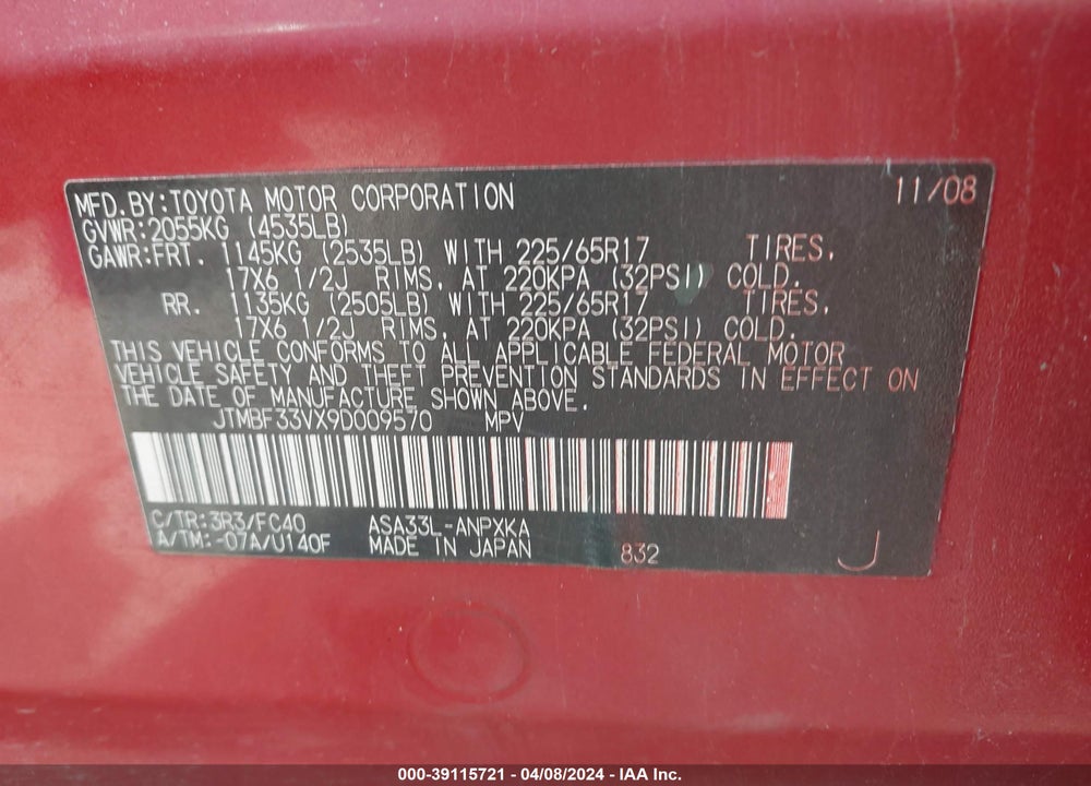 2009 TOYOTA RAV4 VIN: JTMBF33VX9D009570