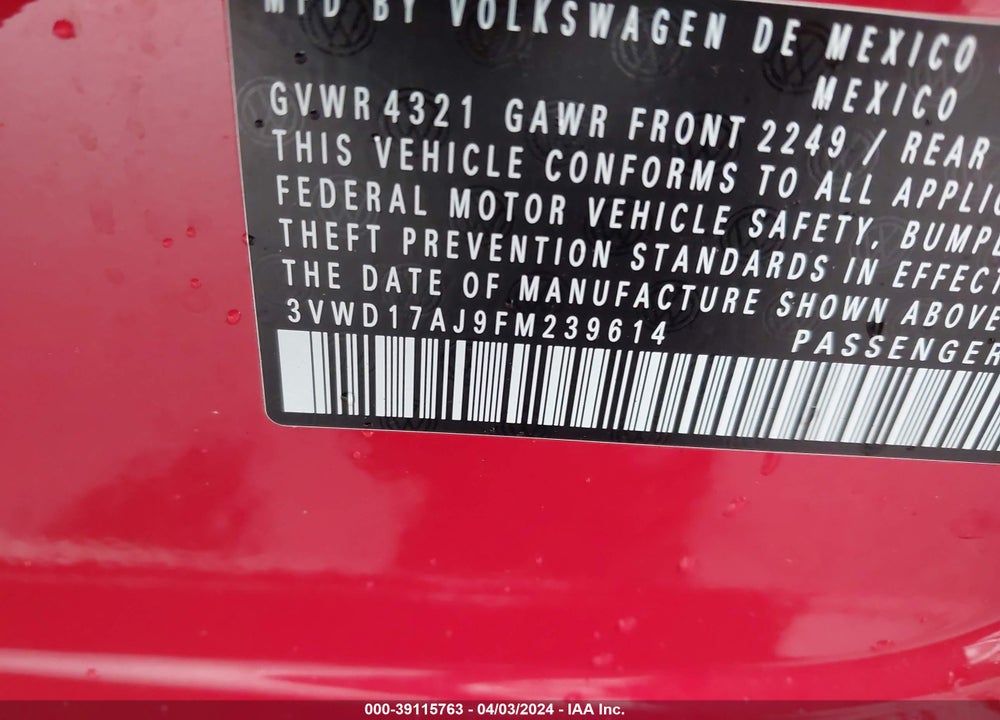 2015 VOLKSWAGEN JETTA 1.8T SE VIN: 3VWD17AJ9FM239614