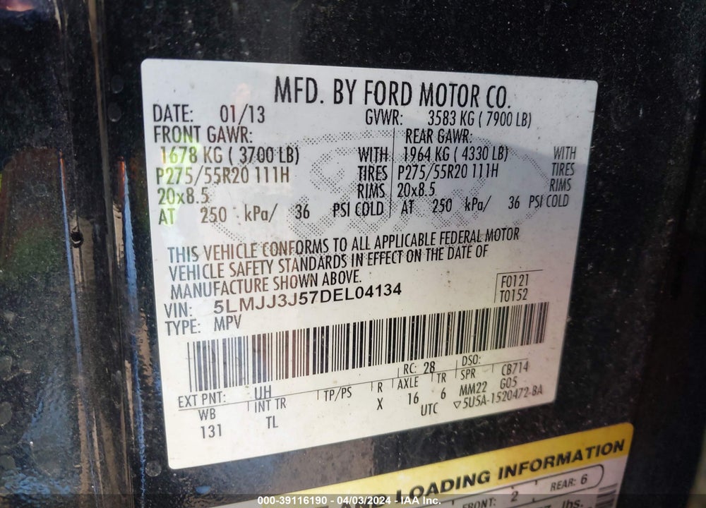 2013 LINCOLN NAVIGATOR L VIN: 5LMJJ3J57DEL04134
