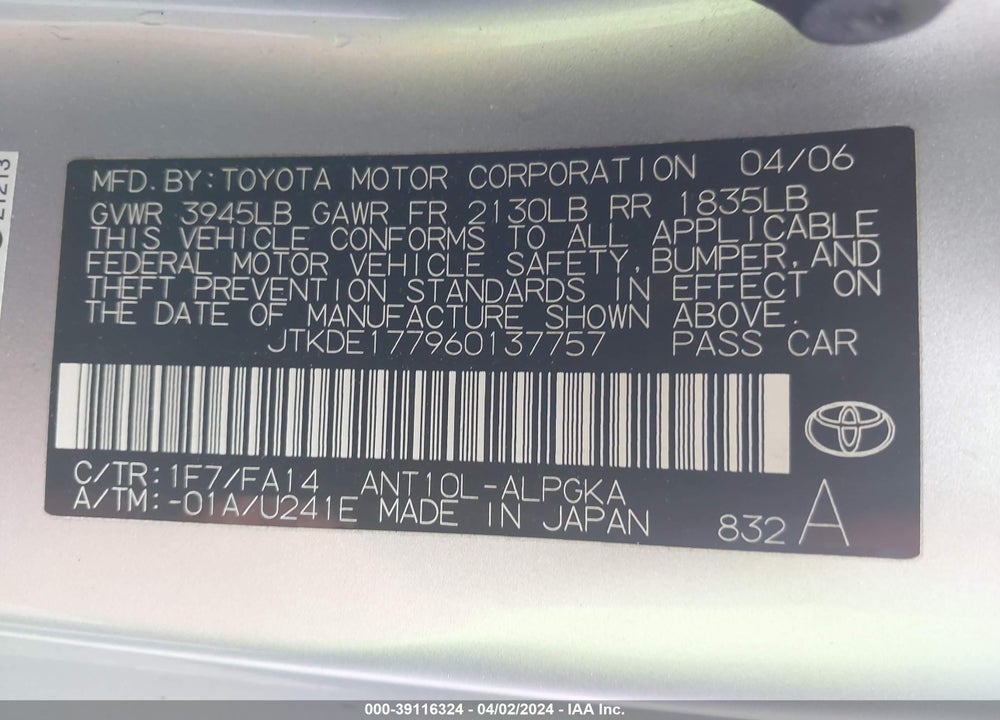 2006 SCION TC VIN: JTKDE177960137757