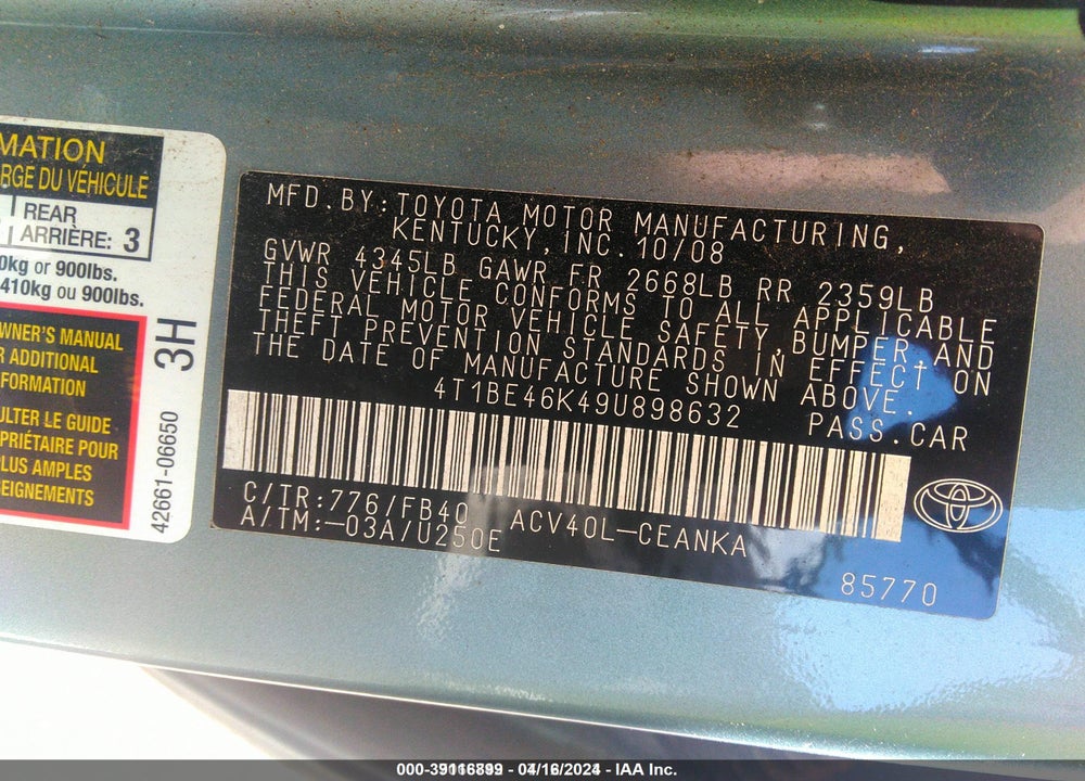 2009 TOYOTA CAMRY LE VIN: 4T1BE46K49U898632