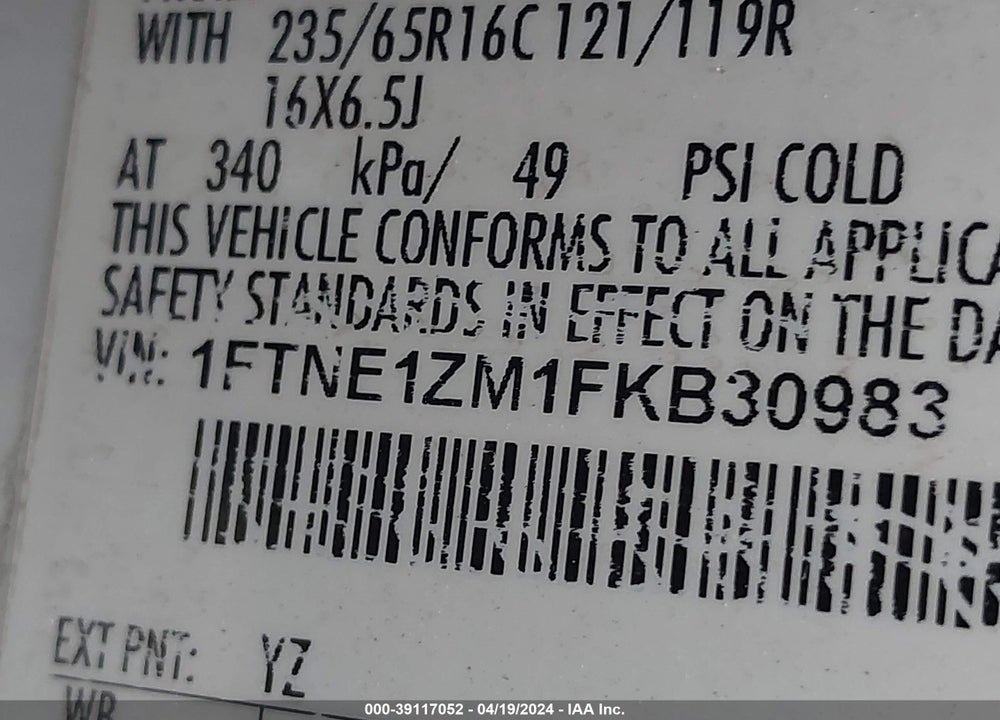 2015 FORD TRANSIT-150 VIN: 1FTNE1ZM1FKB30983
