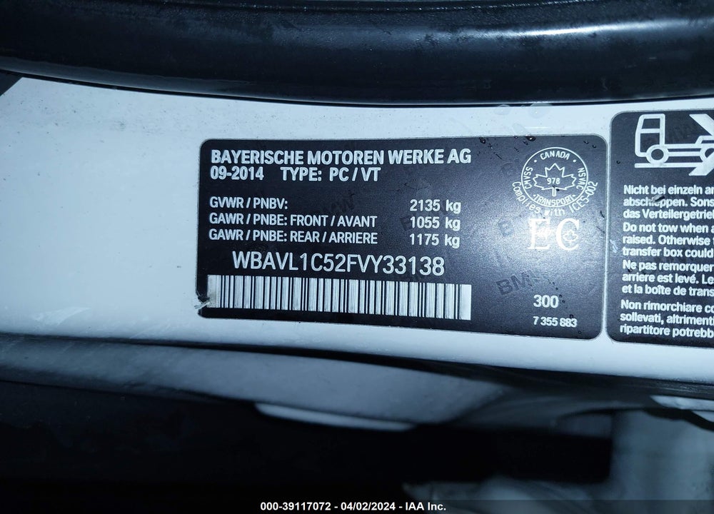 2015 BMW X1 XDRIVE28I VIN: WBAVL1C52FVY33138