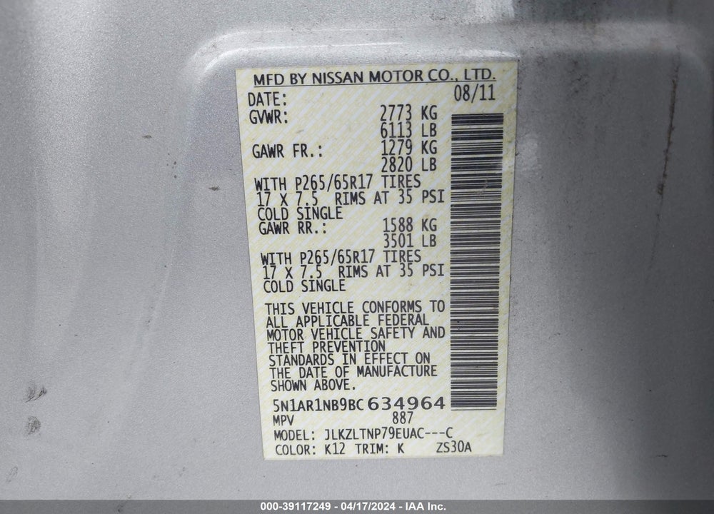 2011 NISSAN PATHFINDER SV VIN: 5N1AR1NB9BC634964