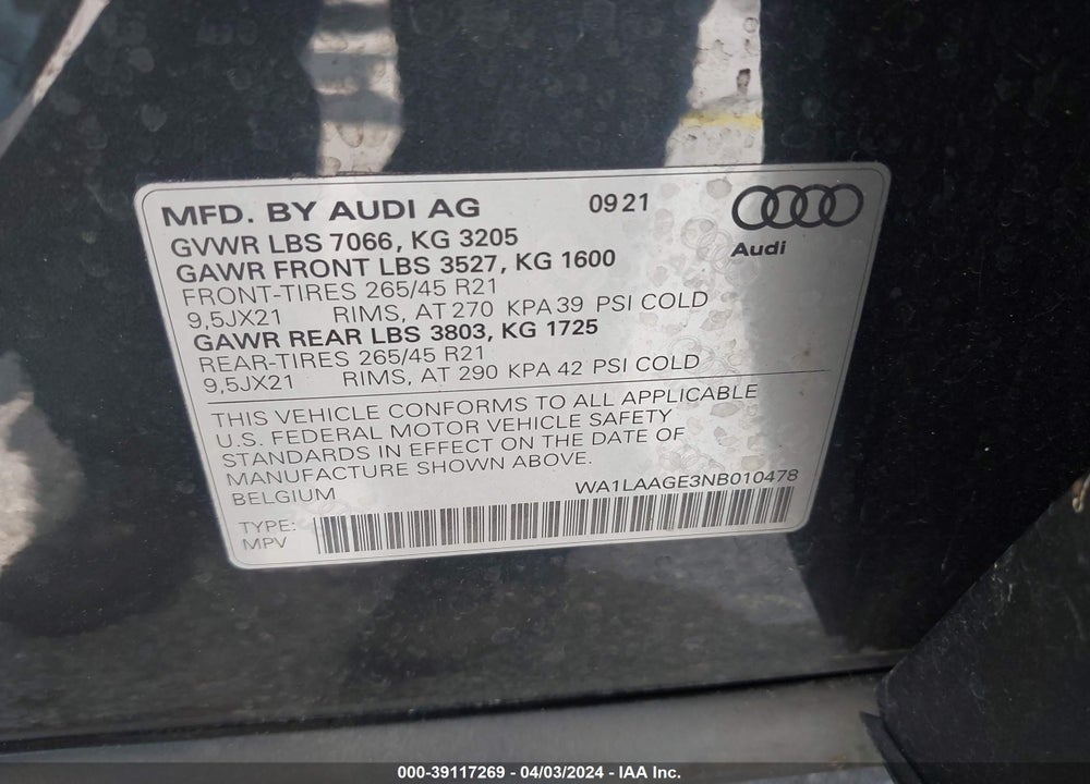 2022 AUDI E-TRON PREMIUM PLUS QUATTRO VIN: WA1LAAGE3NB010478