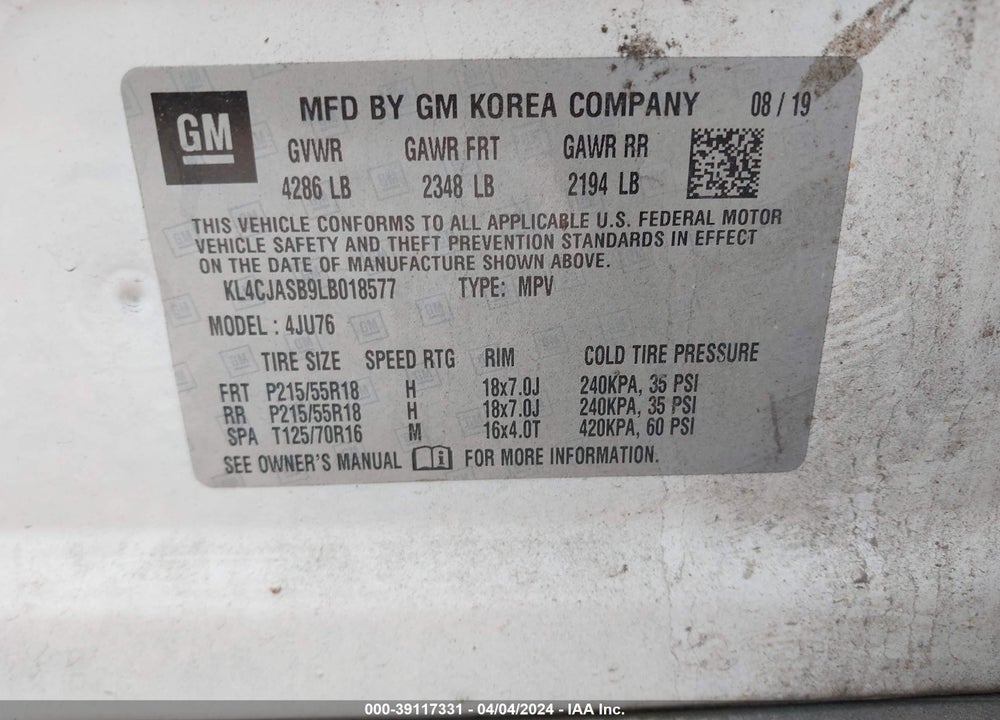 2020 BUICK ENCORE FWD PREFERRED VIN: KL4CJASB9LB018577