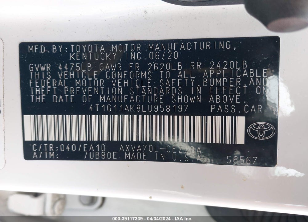 2020 TOYOTA CAMRY SE VIN: 4T1G11AK8LU958197