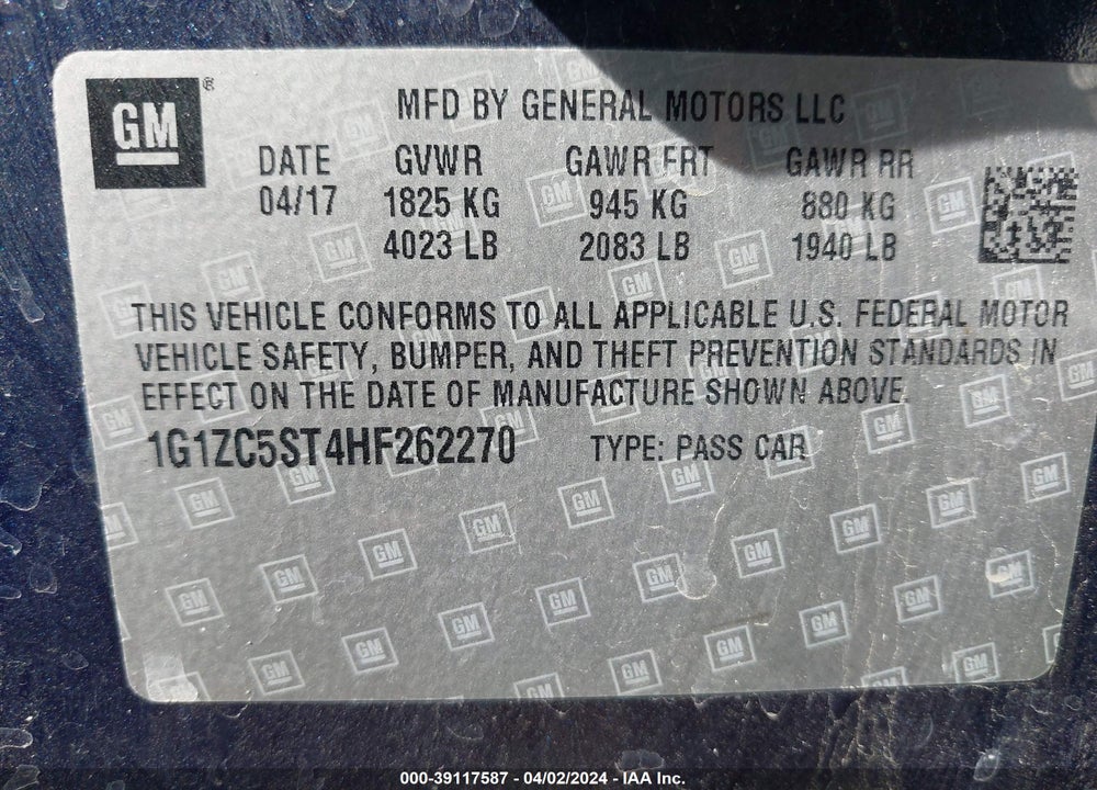 2017 CHEVROLET MALIBU 1FL VIN: 1G1ZC5ST4HF262270