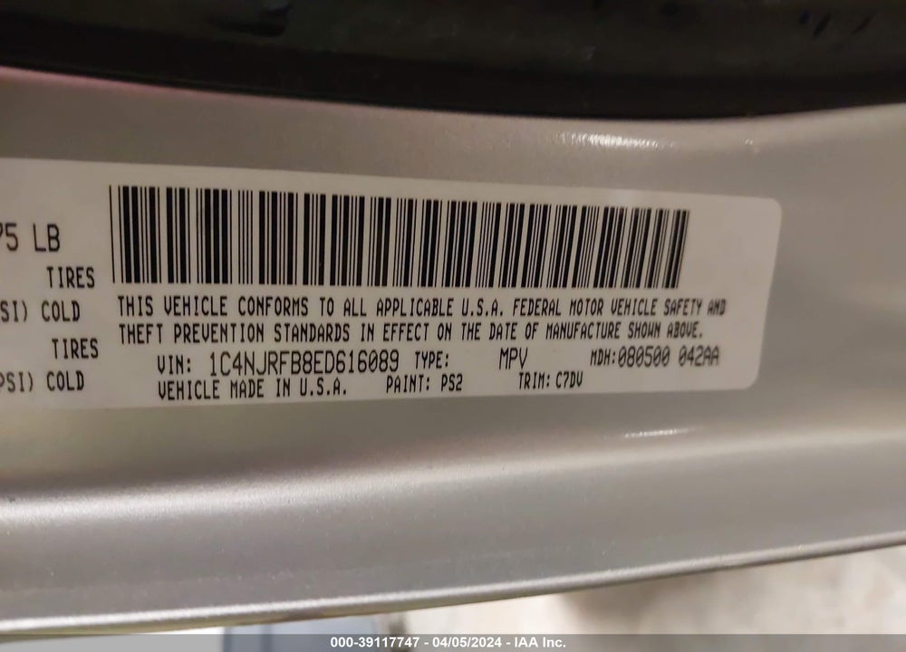 2014 JEEP PATRIOT LATITUDE VIN: 1C4NJRFB8ED616089