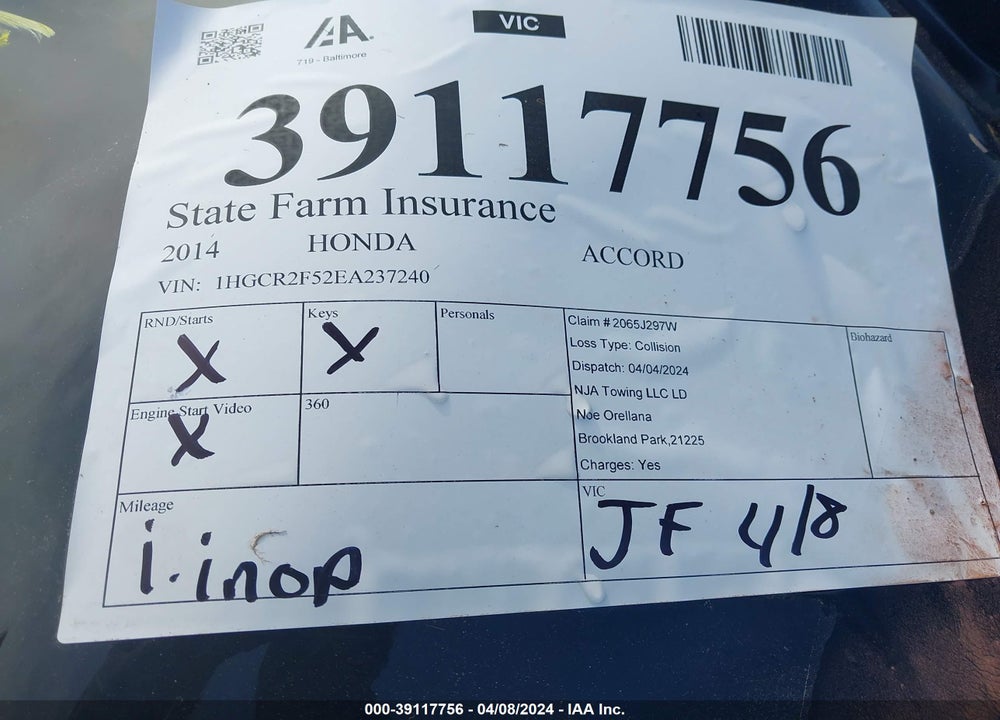 2014 HONDA ACCORD VIN: 1HGCR2F52EA237240