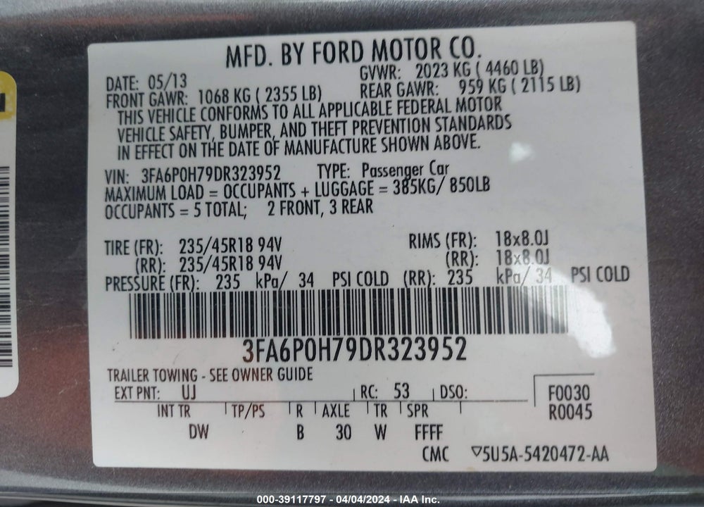 2013 FORD FUSION SE VIN: 3FA6P0H79DR323952